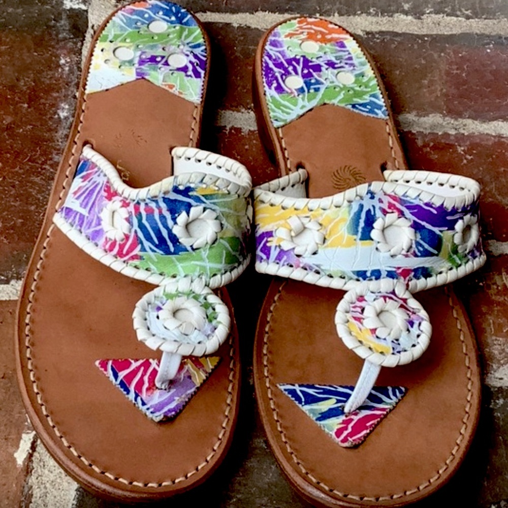 These VTG Jack Rogers leather splatter paint sandals go w/every Lilly on EARTH!